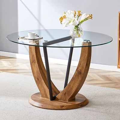 Table de salle à manger ronde Noble House 122 cm, plateau en verre trempé 1 cm d'épaisseur, transparent et bois
