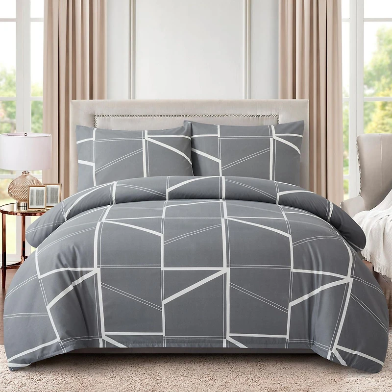 Marina Decoration Soft Silky Rich Printed Rayon from Bamboo All Season Duvet Cover Fitted Sheet Ensemble Bedding Set with Zipper and Corner Tie, Modern Fantasy Geometric Pattern