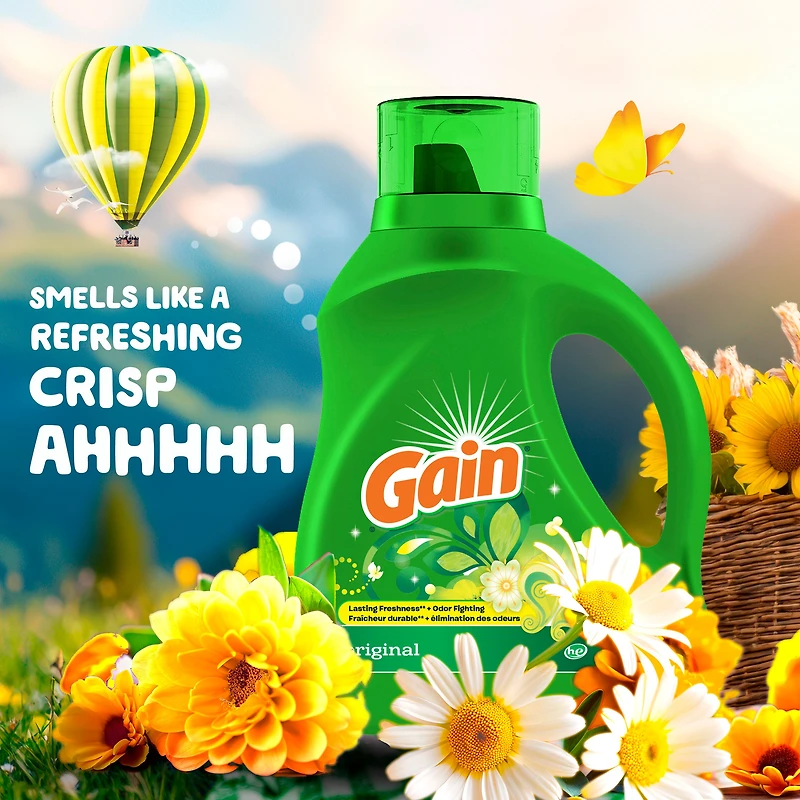 Gain Liquid Laundry Detergent, Original Scent, 1.24 L, 32 loads, Freshness + Odour Fighting, High efficiency washing machine iquid cleaning soap