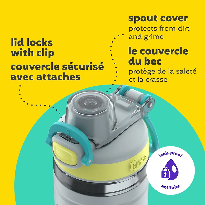 Bouteille d’eau pour enfants Flo bubba, 473 ml, large ouverture, manchon en silicone, couvercle à bouton-poussoir