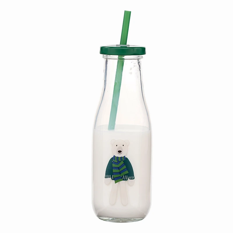 Holiday Time Bear Glass Milk Bottle with Straw 14oz