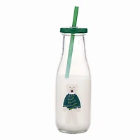Holiday Time Bear Glass Milk Bottle with Straw 14oz