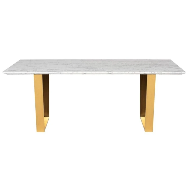Table à manger rectangulaire de luxe pour personnes - Plateau en faux marbre de po avec superbe base en acier inoxydable brossé doré, design moderne et élégant, durable et facile à nettoyer