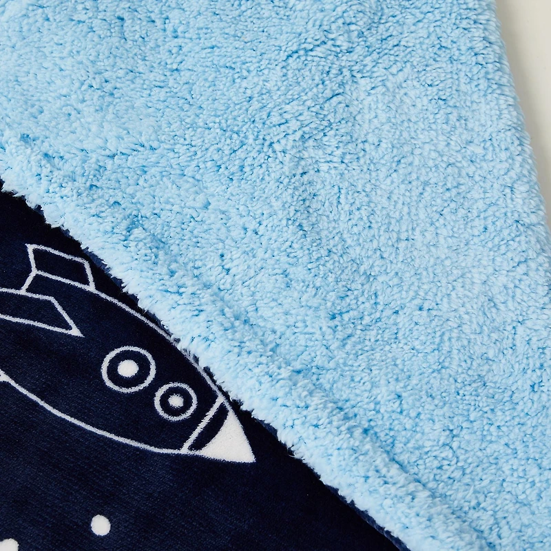 Couverture réversible en flanelle polaire Sherpa pour enfants, motif fusées et étoiles bleu blanc et bleu marine, 76 x 101 cm