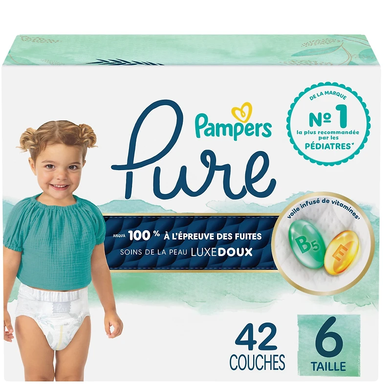 Pampers Pure Baby Diapers, Size 6 (35+ lbs), 42, Up to 100% Leakproof, Premium Hypoallergenic Soft Diapers