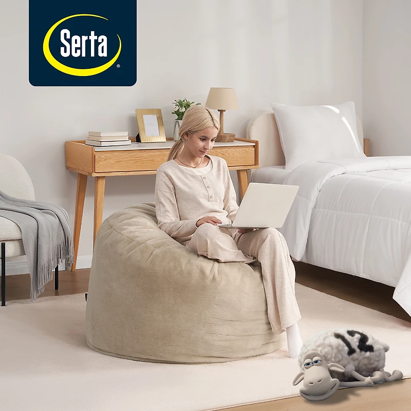 Serta Big Round Lounger Foam Filled Bean Bag Chair, Sand, 36" D x 20" H