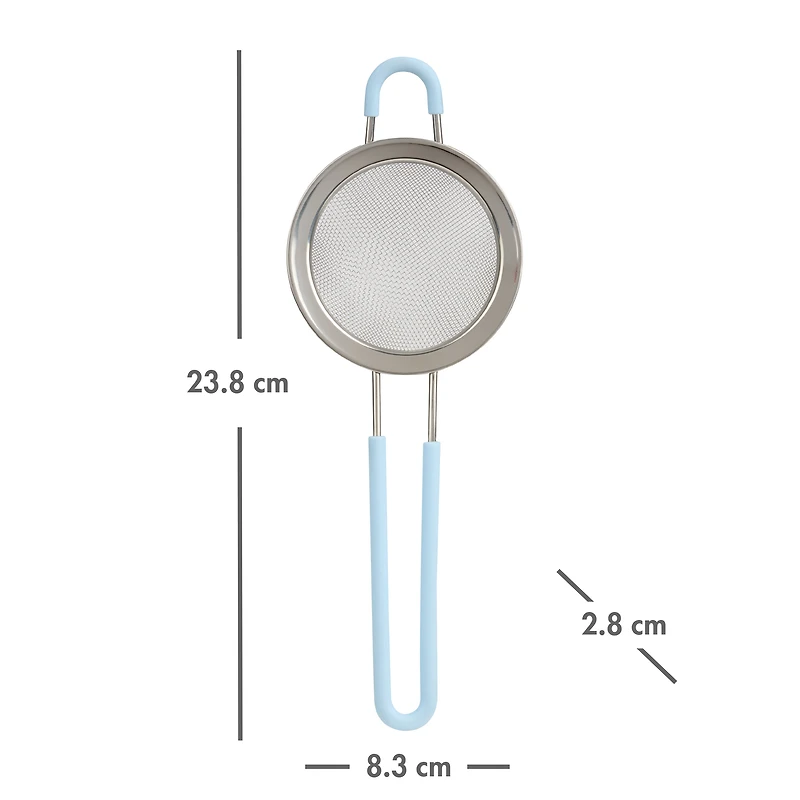 Mainstays Fine Mesh Drain and Catch Strainer with Silicone Covered Handle, 23.8 cm Basket, Hands-free Hook, Kitchen Tool, Blue