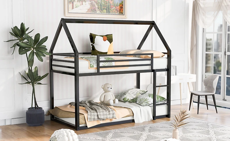 Noble House Twin over Twin House Bunk Bed with Built-in Ladder,Black