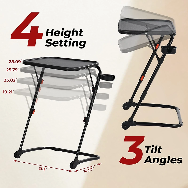 Homy Casa 1-Piece 21.26'' Folding Tray Table, Adjustable Height Side Table with Cup Holder for Sofa Bed, Black