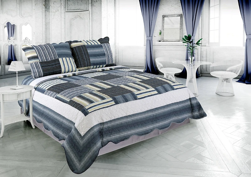 Marina Decoration Rich Printed Stitching Coverlet Bedspread Ultra Soft Summer Bedding Quilt Set with Quilted Sham, Classic Navy Blue Plaid Pattern