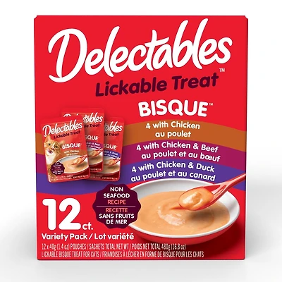 Delectables Bisque Sans Fruits de Mer Friandises Humides pour Chats Assortiment de 12