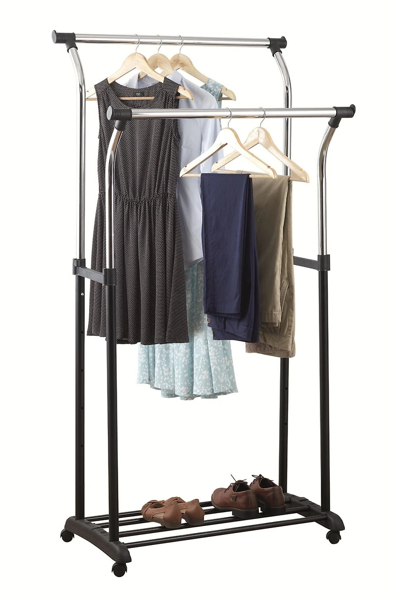 Vêtu de vêtements à double tige Mainstays, organisateur de vêtements roulant, noir/chrome, design évasé, hauteur réglable, rangement de vêtements longs et courts
