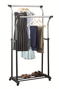 Vêtu de vêtements à double tige Mainstays, organisateur de vêtements roulant, noir/chrome, design évasé, hauteur réglable, rangement de vêtements longs et courts