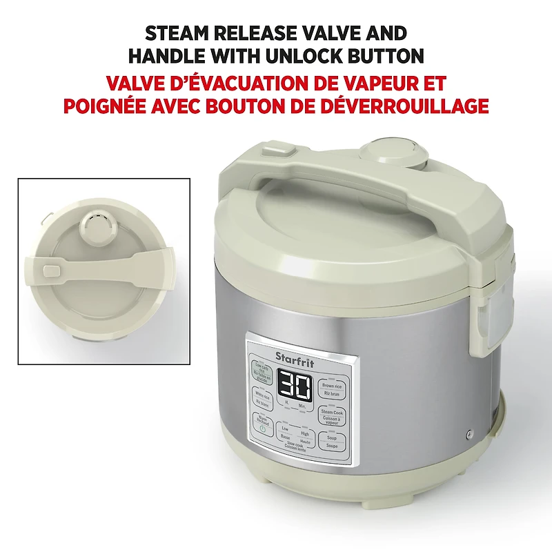 Starfrit Low-Carb Rice Cooker 14-Cup, Reduces Carbs Up To 30%, 7 Preset Functions, Steamer Basket, Non-Stick Pot, Easy Clean, Healthy Cooking, Rice Brown White Soup Steam Slow Cook