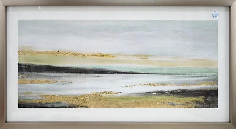 Art paysager abstrait encadré en ton argenté de 18 x 40 pouces avec accents dorés