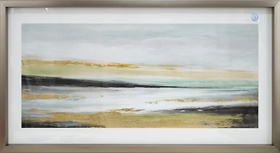 Art paysager abstrait encadré en ton argenté de 18 x 40 pouces avec accents dorés