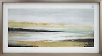Art paysager abstrait encadré en ton argenté de 18 x 40 pouces avec accents dorés