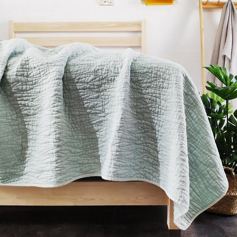 Gouchee Home Carson King Quilt Set – 3-Piece Mint Bedding Set, Stone-Washed Cotton with Wave Stitch Pattern, Soft All-Season Bedspread with Plush Fill & Matching Pillow Shams