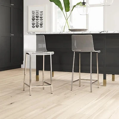 Tabouret en acrylique transparent avec pieds chromés – Tabouret haut minimaliste avec siège transparent, repose-pieds, design moderne pour bars, cuisines et espaces contemporains