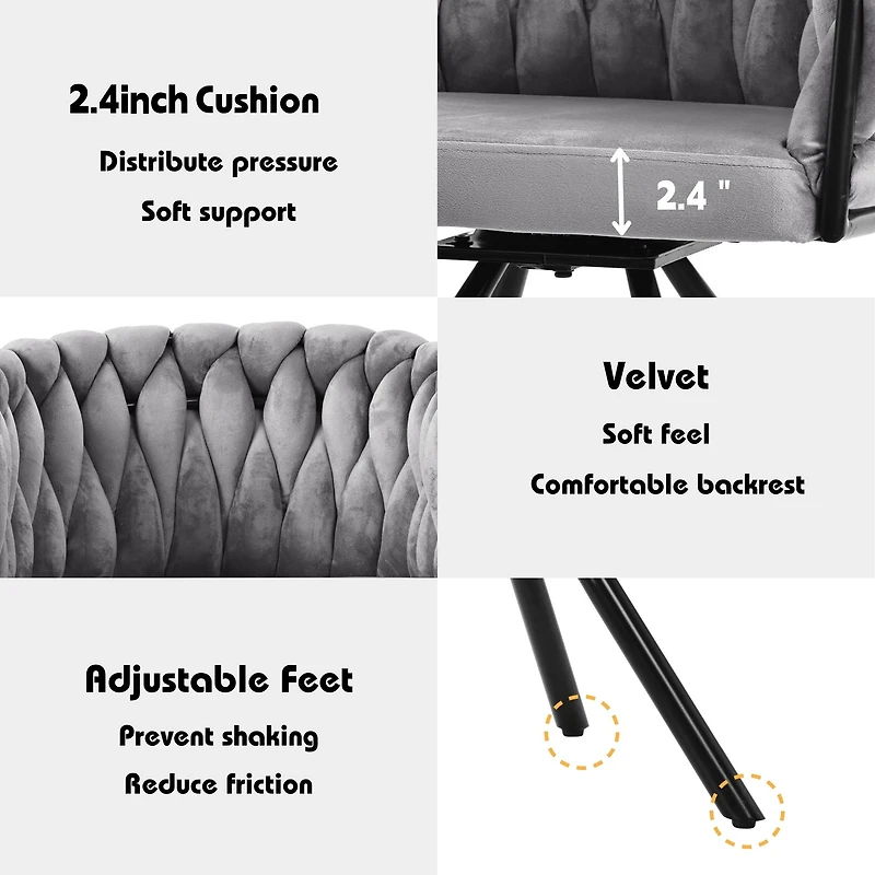 Noble House Set of 2 Velvet Dining Chairs, Luxurious Tufted Swivel Chair with Four Support Legs, Gray
