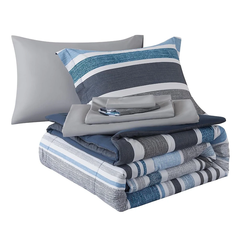 Ensemble de literie tout-en-un réversible Mainstays, avec couette et draps, 7 pièces, à rayures bleues, format deux places (Double).