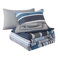 Ensemble de literie tout-en-un réversible Mainstays, avec couette et draps, 7 pièces, à rayures bleues, format deux places (Double).