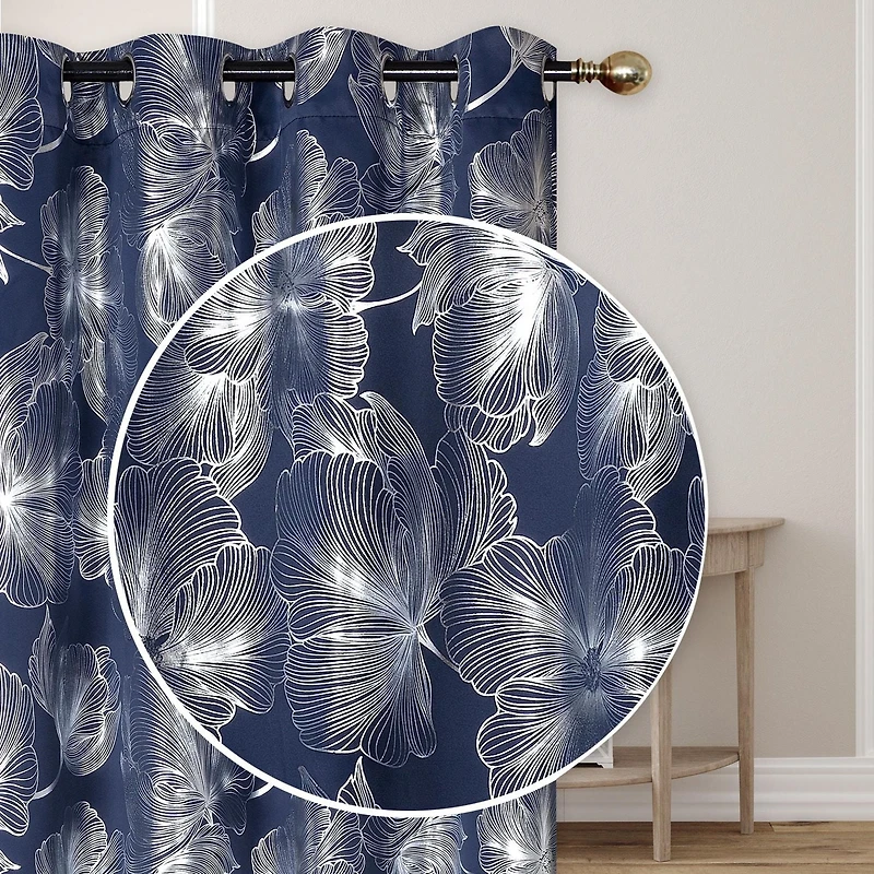 IH Casa Decor Foil Print Panel W 8 Grom Hibiscus Navy Blue 84" - Set of 2