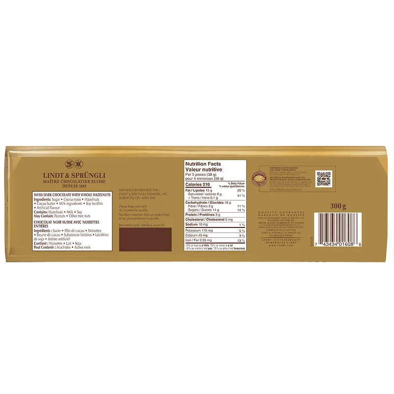 Lindt SWISS CLASSIC Dark Chocolate and Hazelnut Bar, 300g