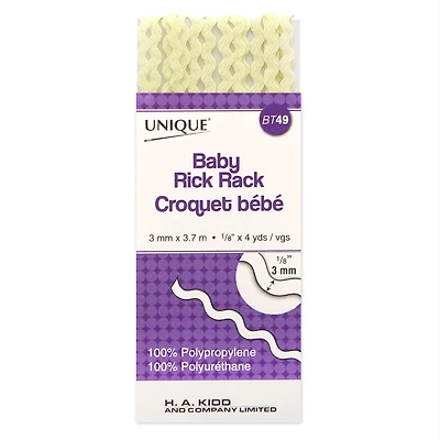 UNIQUE Baby Rick Rack Trim 3 mm (0.12 in) × 3.7 m (1/8 in × 4 yd), Yellow