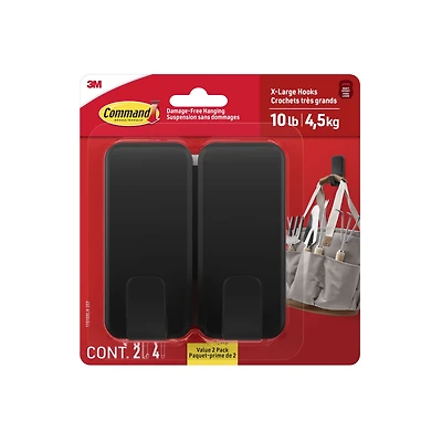 Command 10 lb X-Large Hooks, Black, 2 Hooks, 8 Adhesive Strips