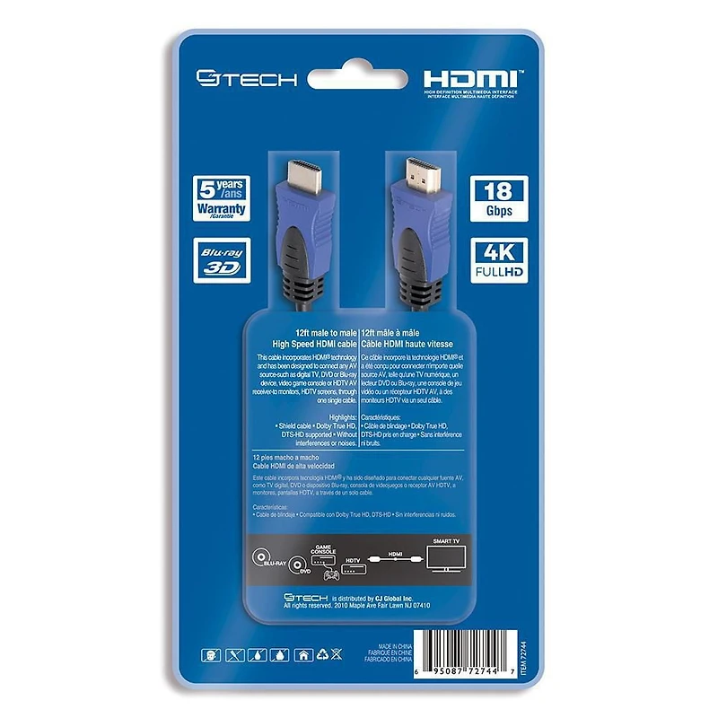 Câble HDMI 4K 3D 2.0 avec Ethernet de CJ Tech - 12 pieds