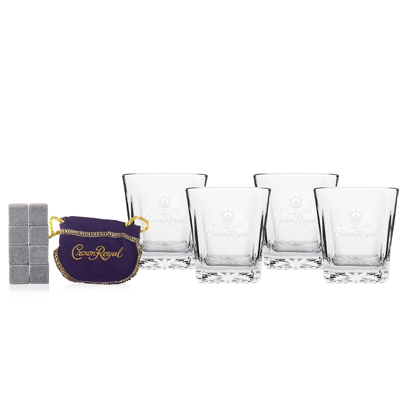 Crown Royal Whisky Stones Set, 8 Chilling Rocks, 4 Glasses With Velvet Bag