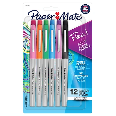 Stylos feutres Paper Mate Flair, pointe ultra-fine (0,4 mm), couleurs assorties, 12 unités