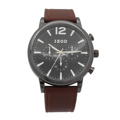 Montre analogique Izod facile à lire à bracelet en cuir brun