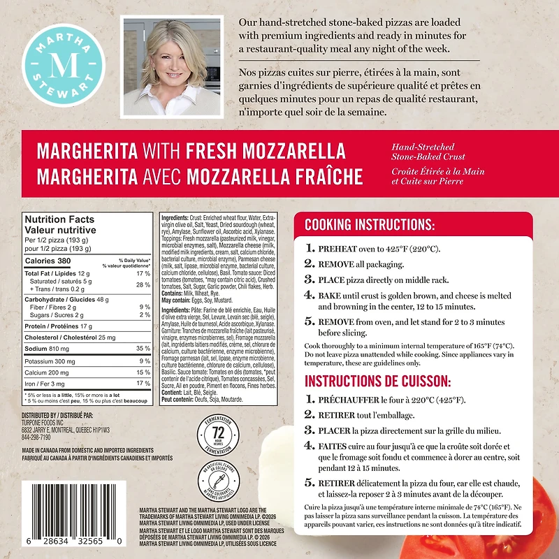 Martha Stewart Margherita Stone-Baked Pizza with Fresh Mozzarella and Hand-Stretched Sourdough Crust, 368 g