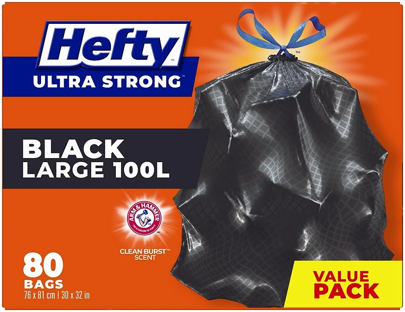 Hefty Garbage Bags, Value Pack Large 100 Litres Black, Drawstring, Arm & Hammer odour neutralizer
