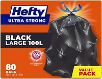 Hefty Garbage Bags, Value Pack Large 100 Litres Black, Drawstring, Arm & Hammer odour neutralizer