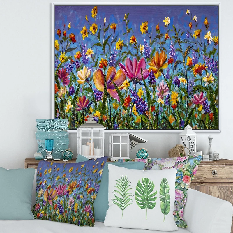 Designart Daisies and Wildflowers In Summer Garden Field I FLOAT FRAME WALL ART