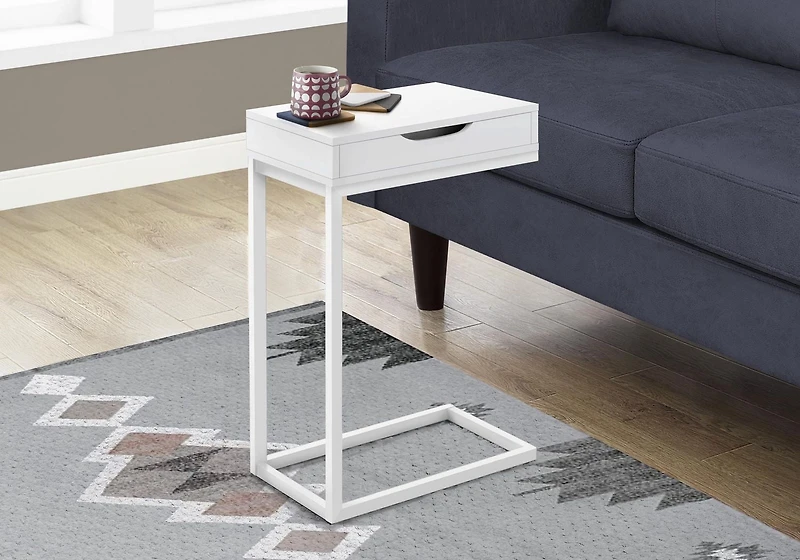 Monarch Specialties Accent Table, C-shaped, End, Side, Snack, Storage Drawer, Living Room, Bedroom, Metal, Laminate, White, Contemporary, Modern
