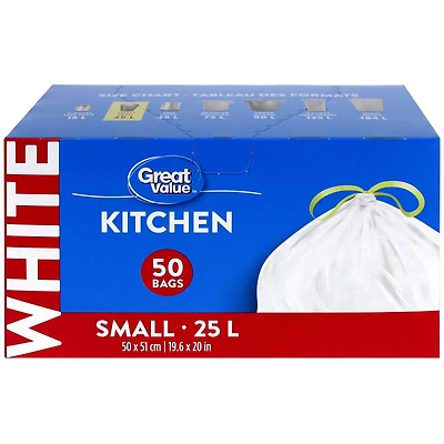 Great Value Petits Sacs à Ordures de Cuisine, 25L, 50sacs