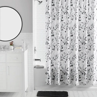 Ensemble de salle de bain Mainstays 16 pièces, rideau de douche en tissu noir à motif botanique à rayures, avec tapis, crochets, distributeur de savon et accessoires
