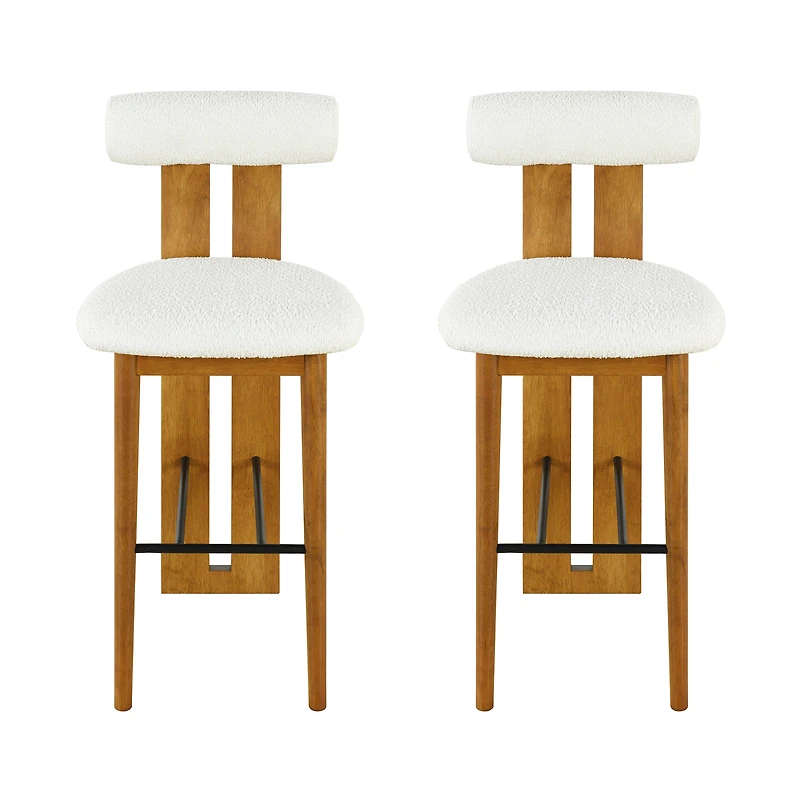 Noble House Renee Modern Bar Stool Set of 2,Ivory Upholstered Seat,Walnut + White