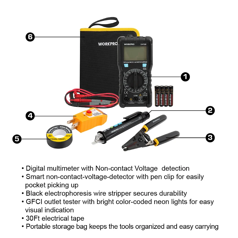 Kit de testeur électrique WorkPro 5 pièces, multimètre numérique, détecteur NCV, testeur de réceptacle GFCI, décapant de fil