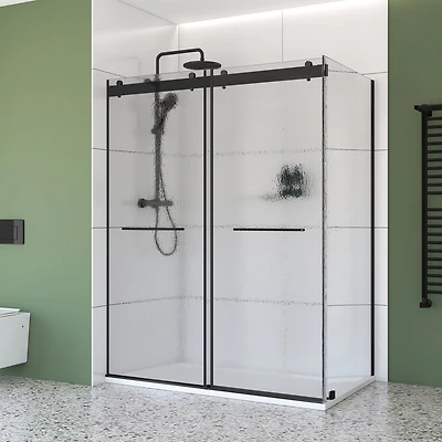 48" x 36" Kit de douche coulissante d’angle noir – Portes à double contournement sans cadre avec verre trempé effet gouttes de pluie 6 mm, installation à gauche & base SMC