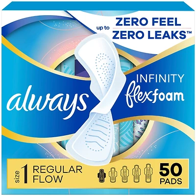 Always Infinity FlexFoam Pads for Women, Size 1, Regular Pad with Wings, Unscented, 50 Count
