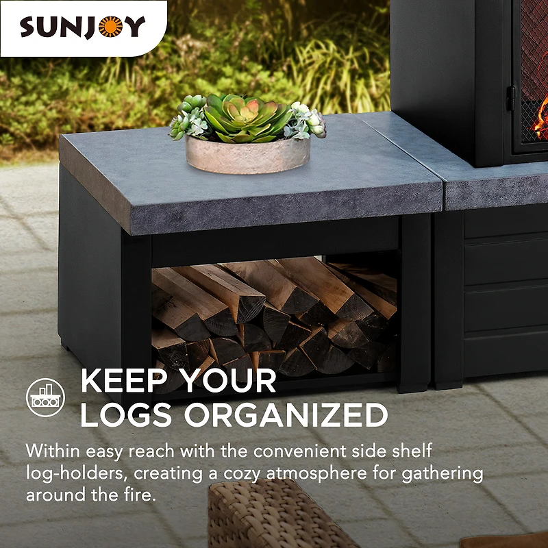 Sunjoy Wood Burning Fireplace, Matte Black Outdoor Steel Fireplace with Chimney, Log Holders, Fireplace Tool, and PVC Cover