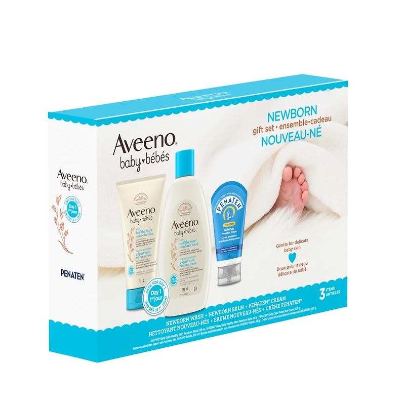 Ensemble-cadeau Départ sain pour nouveau-nés Aveeno Baby, nettoyant pour nouveau-nés, baume pour nouveau-nés, crème Penaten, sans parfum, 3 produits