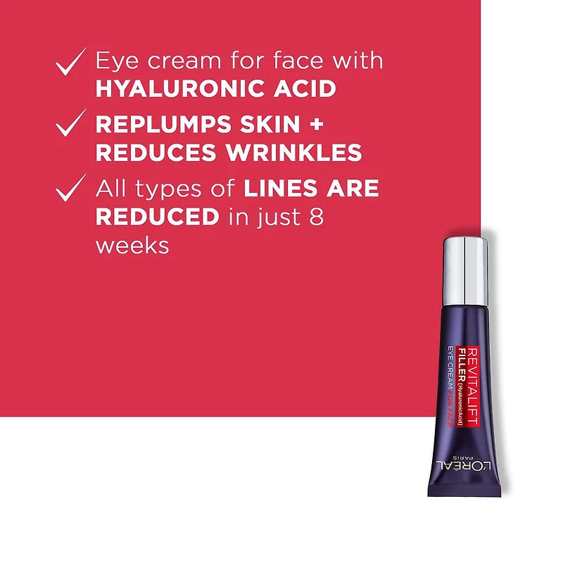 L'Oreal Paris Revitalift Crème de yeux pour le visage Hydratant avec acide hyaluronique, sans parfum, sans alcool, 30mL
