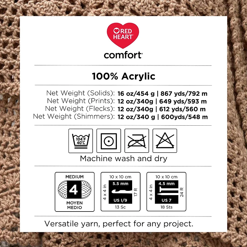 Red Heart® Comfort® Yarn, Solid, Acrylic #4 Medium, 16oz/454g