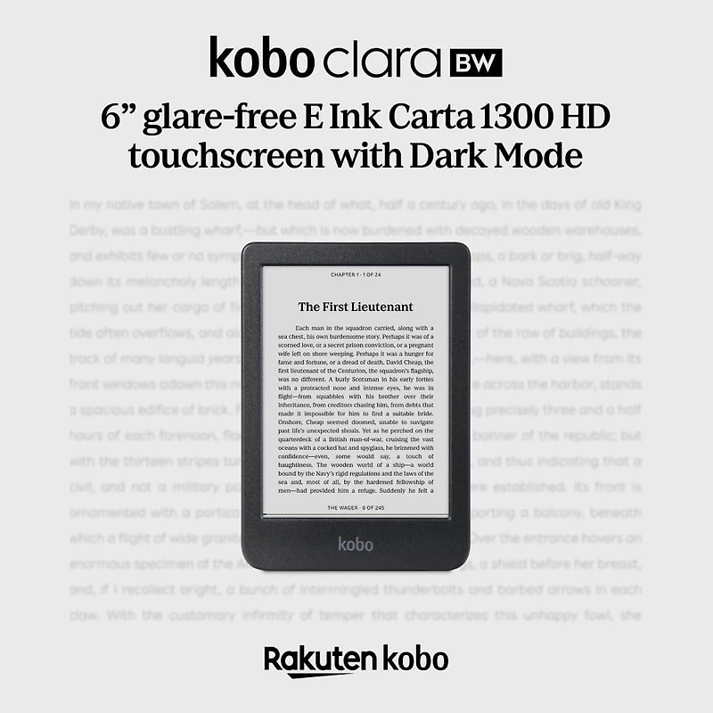 Kobo Clara BW - eBook reader - 16 GB - 6" E Ink Carta 1300 (1448 x 1072) - touchscreen - Bluetooth, Wi-Fi 5